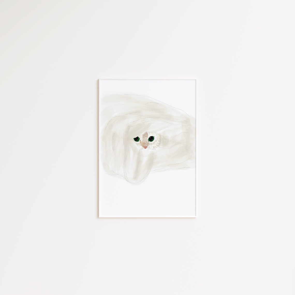 Cute White Cat with Green Eyes Peeking from a Blanket Poster
