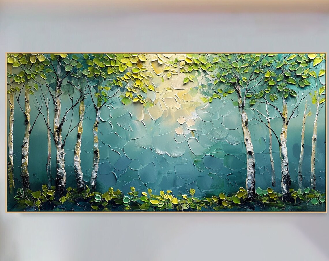 Birch Tree Art Print, Spring Green Leaves, Blue Background