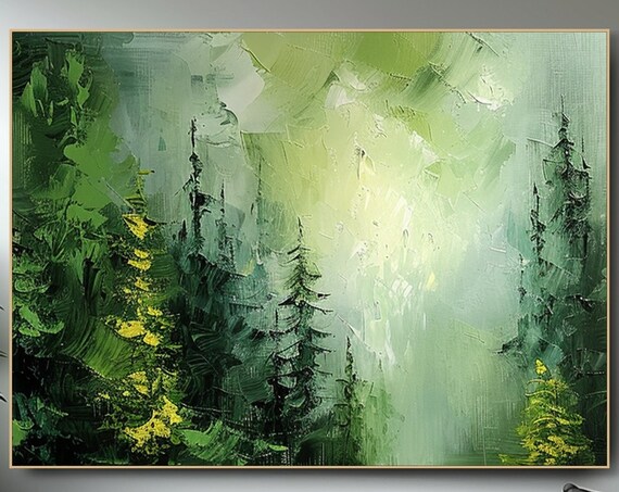 Original Green Forest Oil Painting On Impasto Tree Textured Wall Art Statement Living Room Decor Designer Art Choice Unique Wall Art