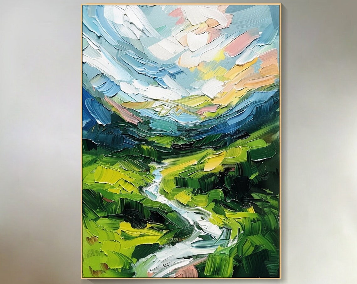 Winding Stream Green Hills Bright Cloudy Sky Impasto Landscape Poster