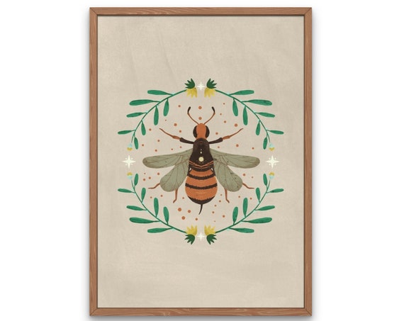 Folk Bumble Bee Print Honey Bee Decor Save The Bees Mystical Botanical Bee Abstract Art Kitchen Wall Art Home Prints Nature Art