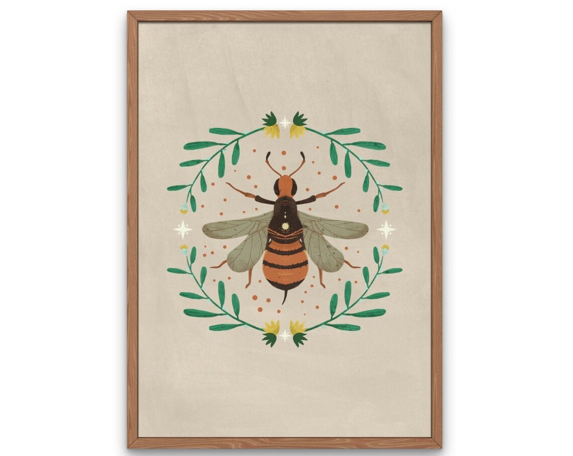 Folk Bumble Bee Honey Bee Mystical Botanical Wreath Art Poster