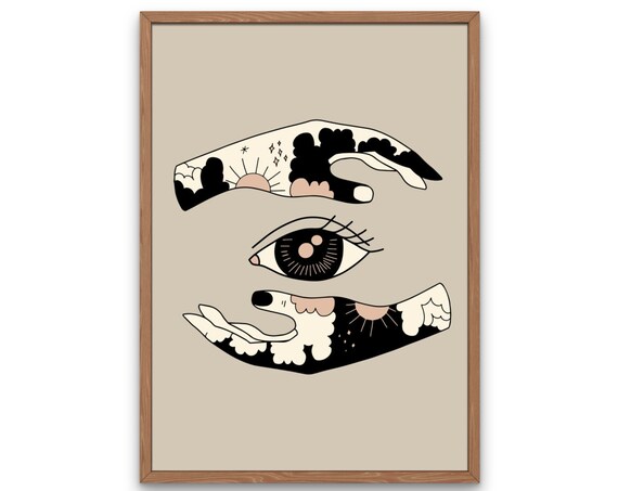 Boho Hands Abstract Sun, Clouds and Evil Eye Art Print