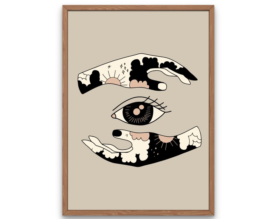 Boho Hands Abstract Sun, Clouds and Evil Eye Art Print