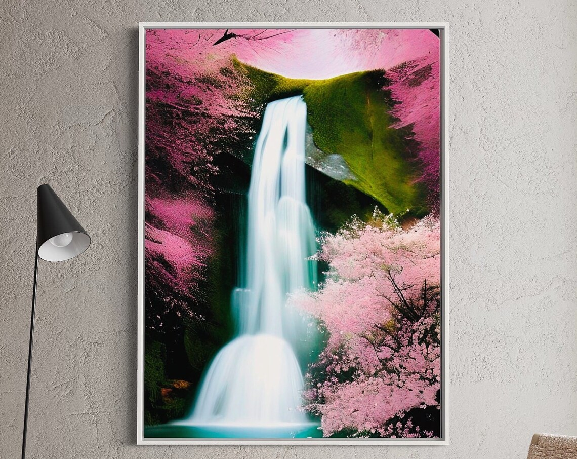 Cherry Blossom Waterfall Landscape Poster in Pink Spring Colors