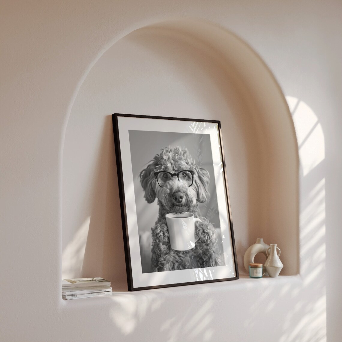 Labradoodle Drinking Coffee Black And White Art Print - Image 4