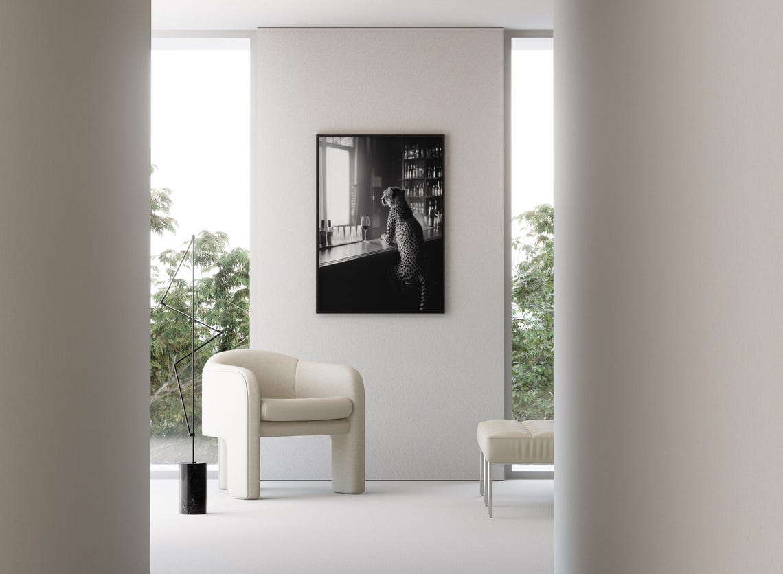 Cheetah Sitting at a Bar With a Wine Glass Black White Photo Poster - Image 3