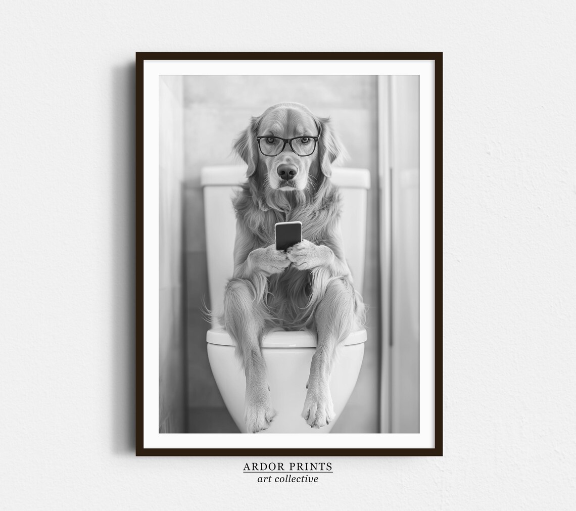 Golden Retriever Sitting On Toilet Dog Art Print