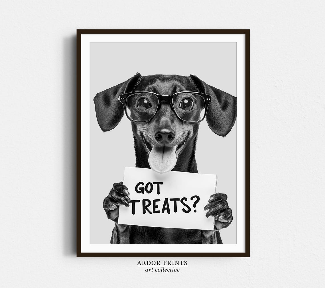 Black Dachshund Puppy Got Treats Sign With Glasses Funny Dog Print