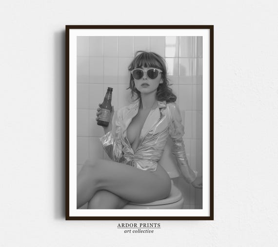 Woman On Toilet Holding Beer Wall Art Black And White Print Funny Bathroom Print Retro Feminist Poster Trendy Bathroom Wall Decor