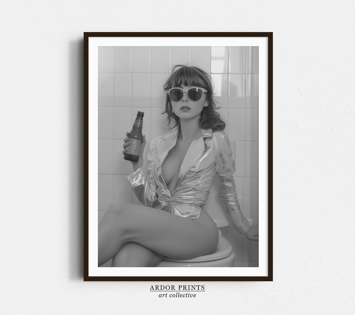 Woman Drinking Beer On Toilet Sunglasses Retro Funny Photo Print