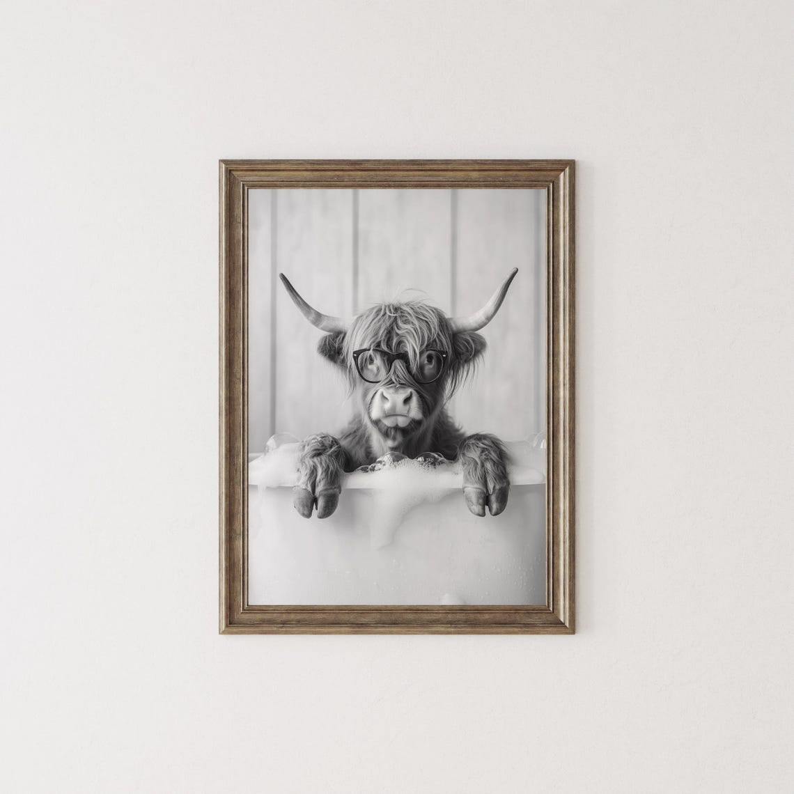 Highland Cow With Glasses in Bubble Bath Black and White Poster - Image 2