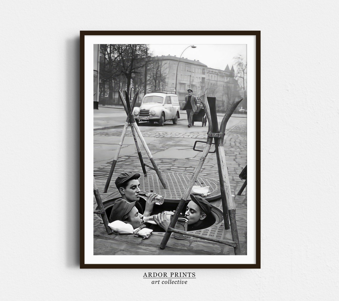 Workmen Drinking Beer In Manhole Vintage Street Photo Poster