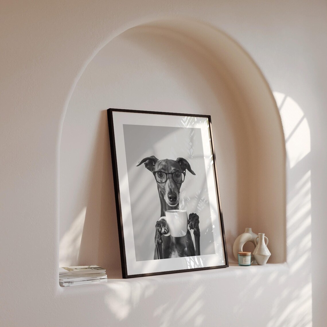 Greyhound Holding Coffee Art Print, Black And White - Image 4