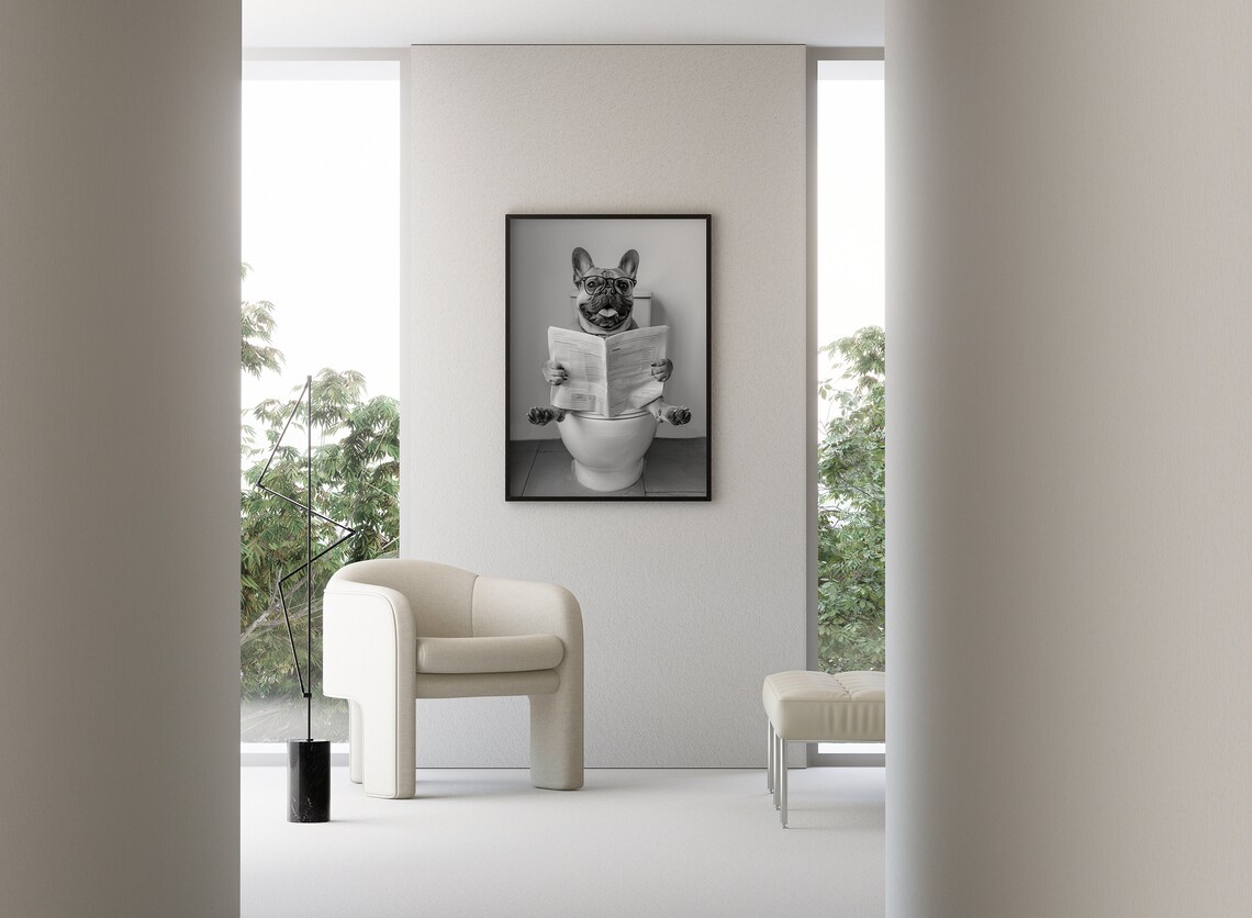 French Bulldog Sitting on Toilet, Funny Dog Art Print - Image 3