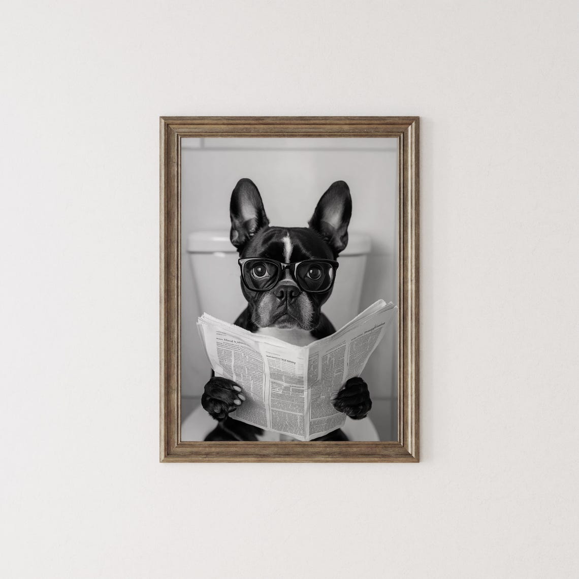 Boston Terrier Wearing Glasses Reading Newspaper on Toilet Dog Poster - Image 2