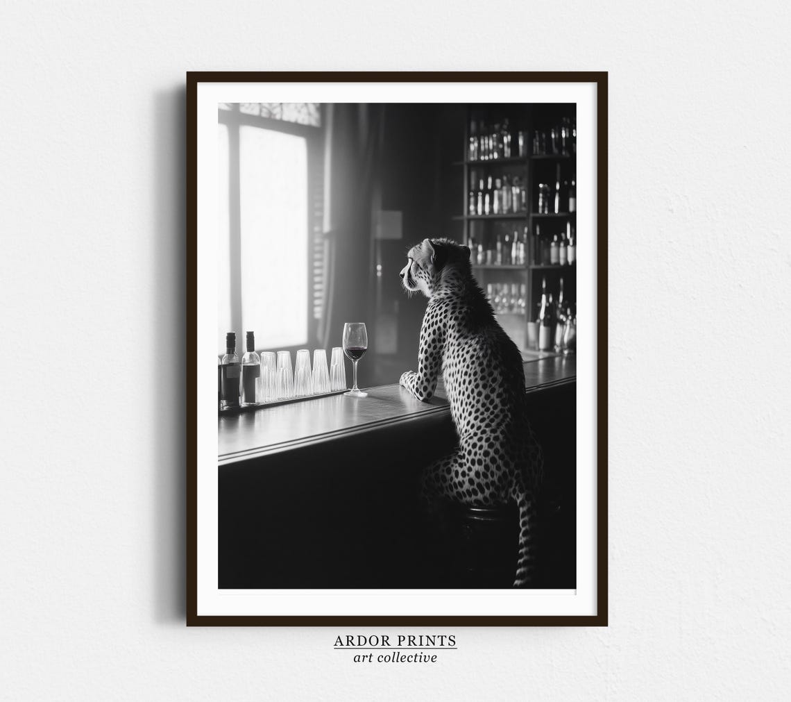 Cheetah Sitting at a Bar With a Wine Glass Black White Photo Poster