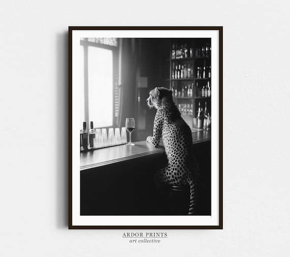 Cheetah Sitting at a Bar With a Wine Glass Black White Photo Poster