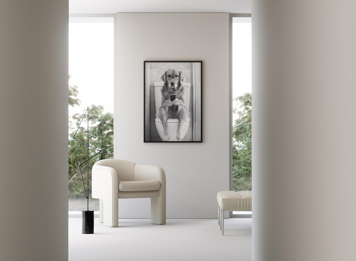 Golden Retriever Sitting On Toilet Dog Art Print - Image 3