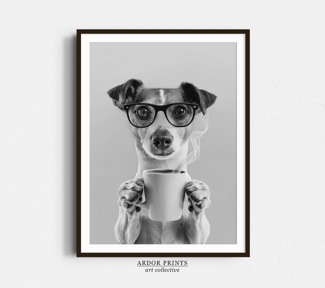 Jack Russell Terrier With Glasses Holding Coffee Mug Funny Dog Poster