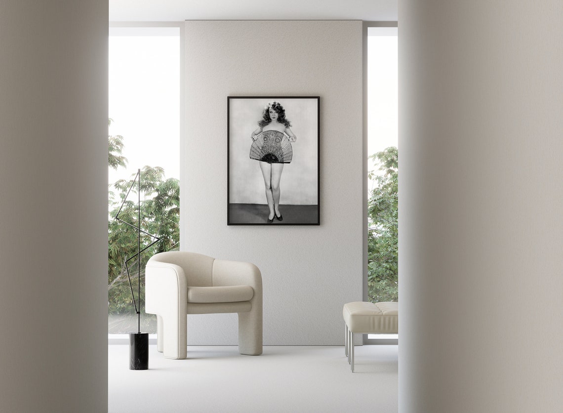 Flapper Girl Holding Large Ornate Fan Vintage Black and White Poster - Image 3
