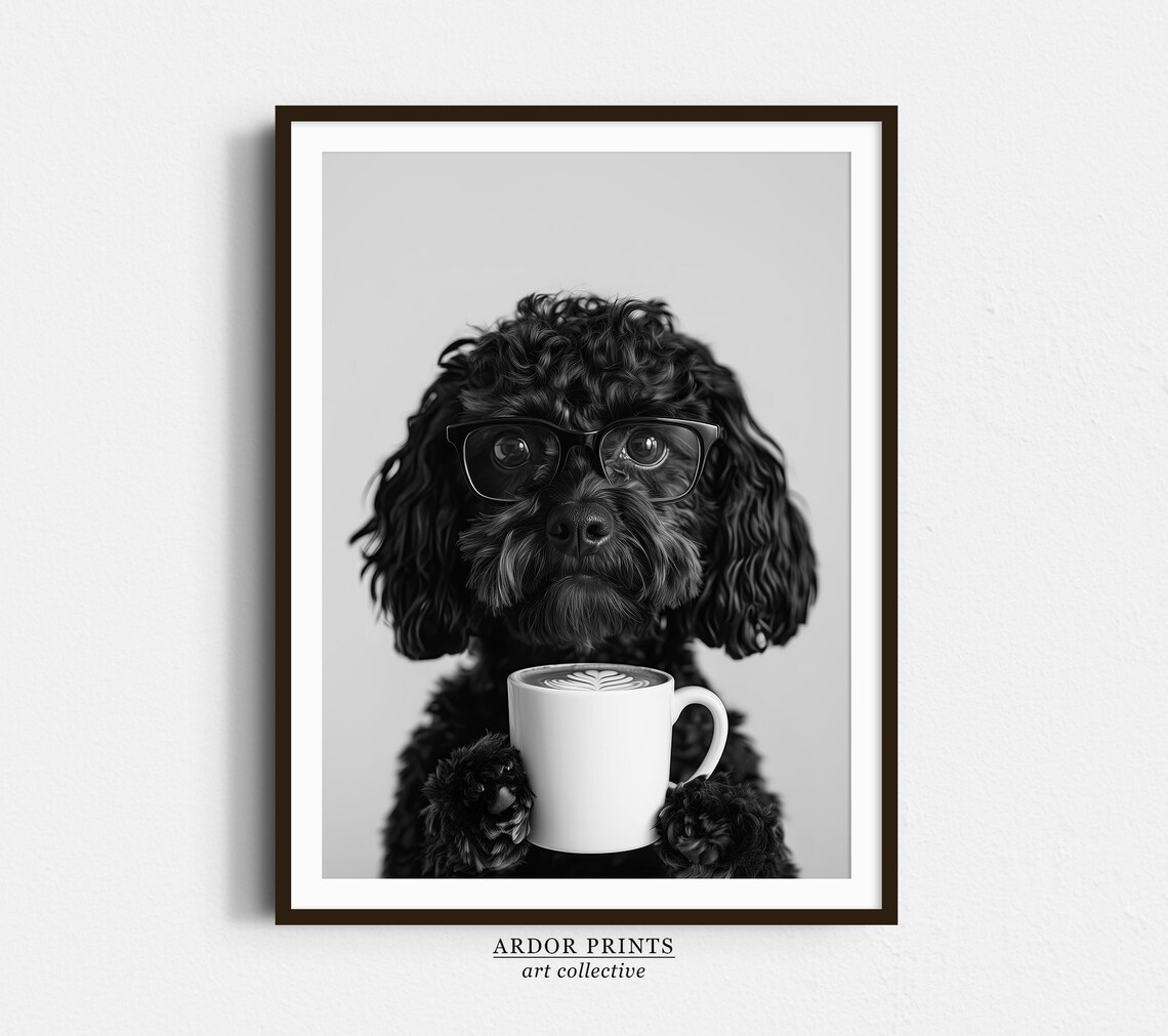 Black Cockapoo And Coffee Art Print, Black And White