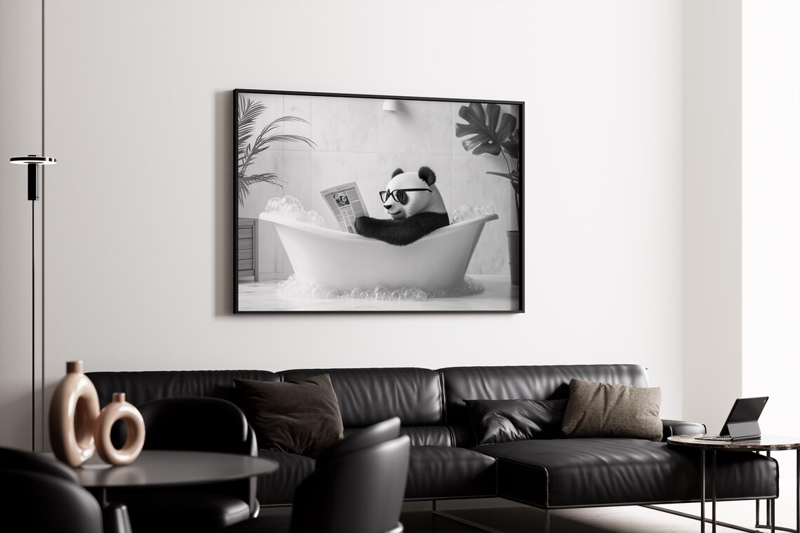 Panda Reading Newspaper In Bubble Bath Black White Funny Animal Poster - Image 4