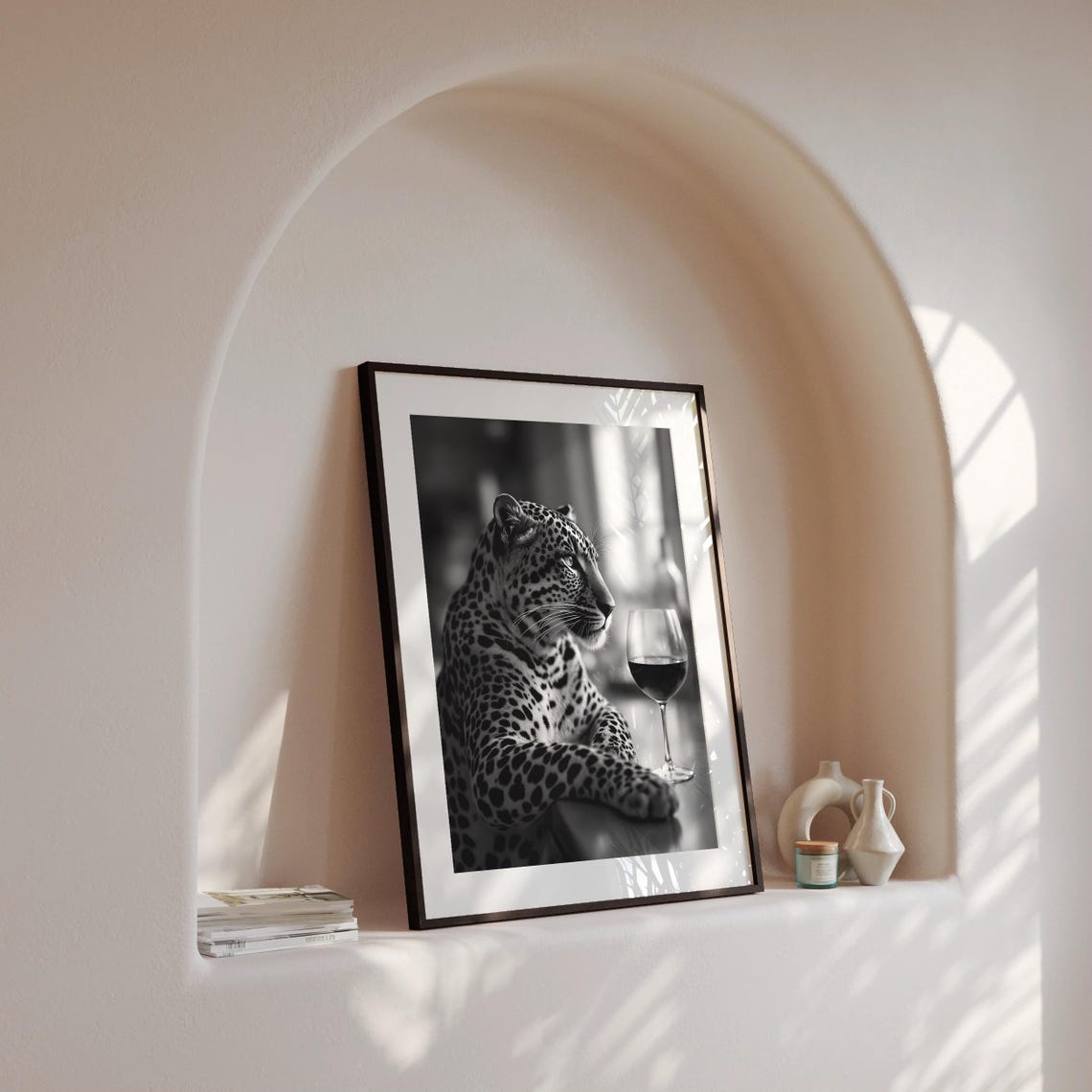 Leopard Resting at Bar Beside Glass of Wine Black White Poster - Image 4