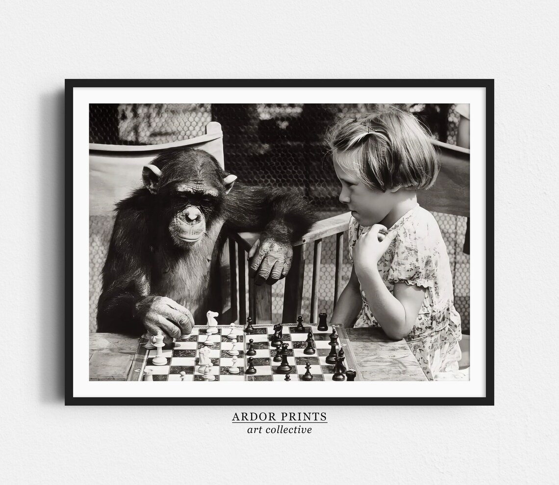 Chimpanzee Playing Chess With Little Girl Vintage Black And White Photo Poster