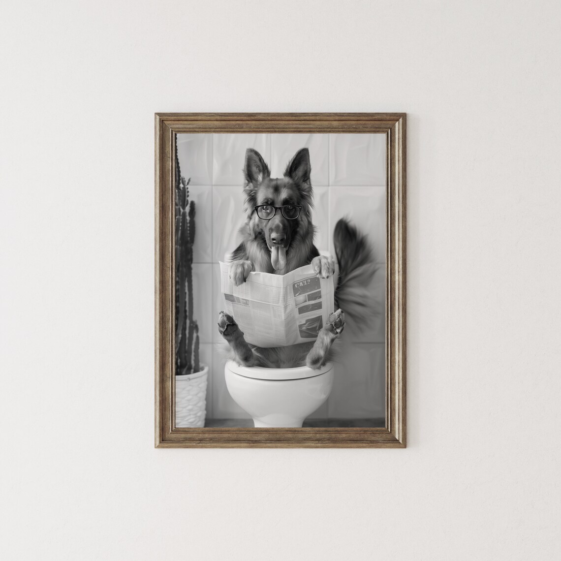 German Shepherd Sitting on Toilet Reading Newspaper Funny Dog Poster - Image 2