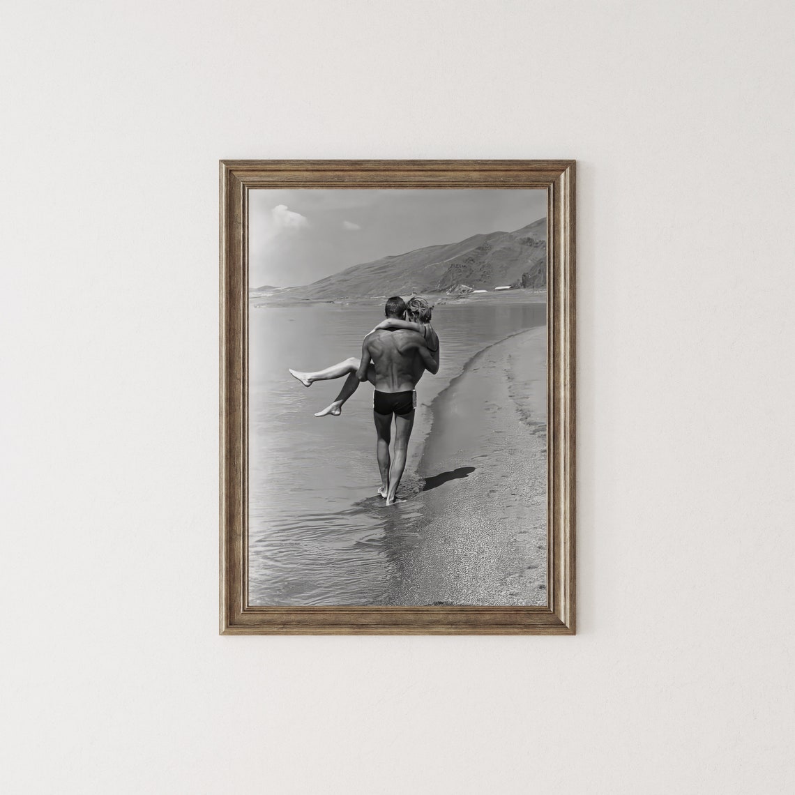 Romantic Vintage Couple Man Carrying Woman On Lakeside Beach Poster - Image 2