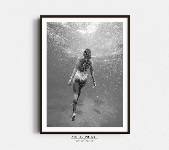 Woman Swimming Underwater Black And White Ocean Photography Poster