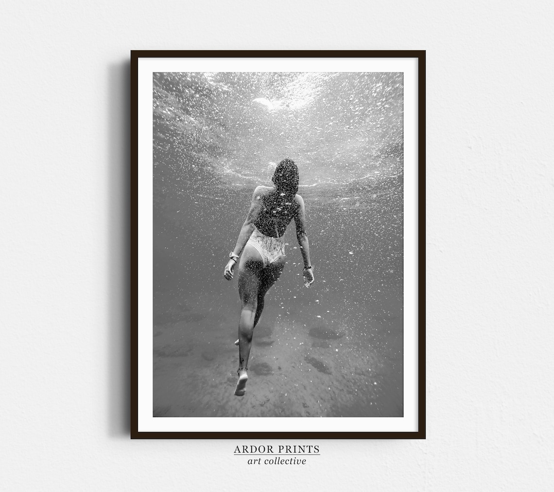 Woman Swimming Underwater Black And White Ocean Photography Poster