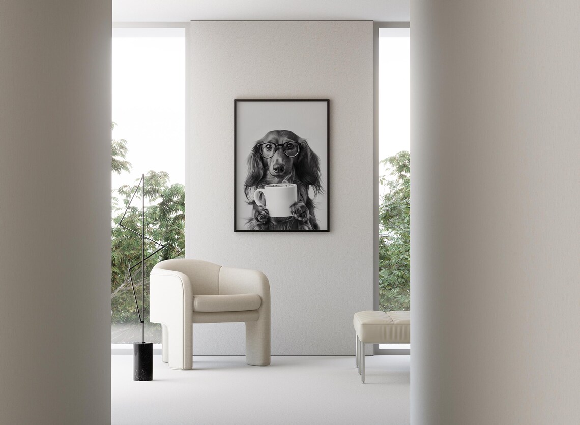 Long Haired Dachshund and Coffee Black and White Art Print - Image 3