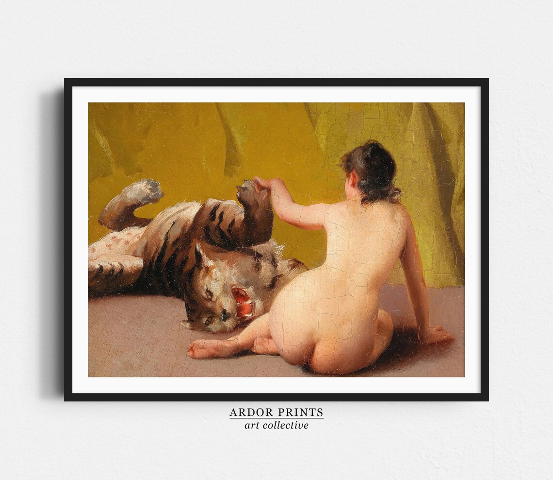Woman Playing With Tiger Vintage Art Print