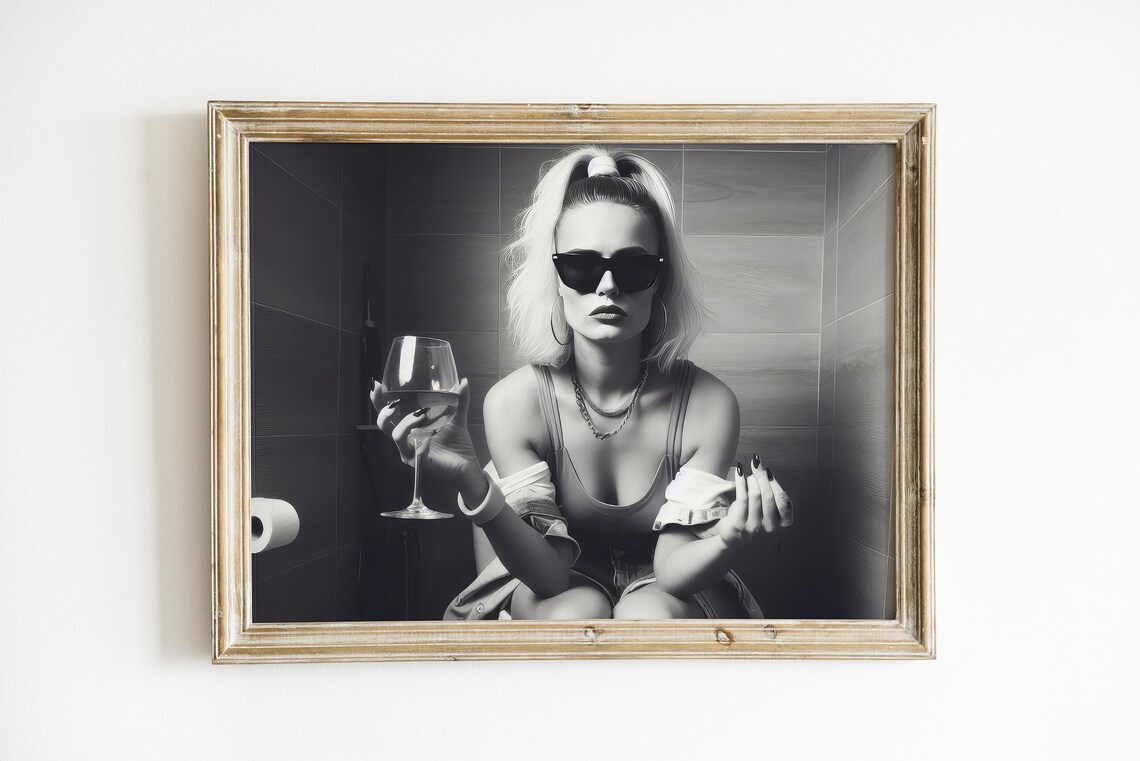 Blonde Woman Drinking Wine On Toilet Funny Bathroom Photo Poster - Image 3