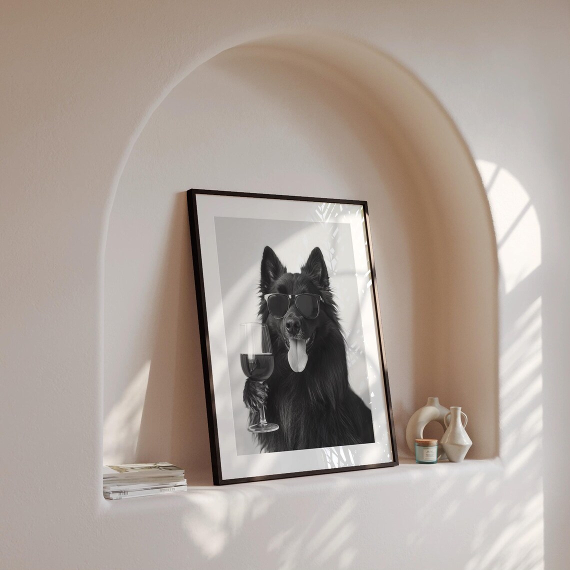 Belgian Sheepdog Drinking Wine, Black And White Art Print - Image 4
