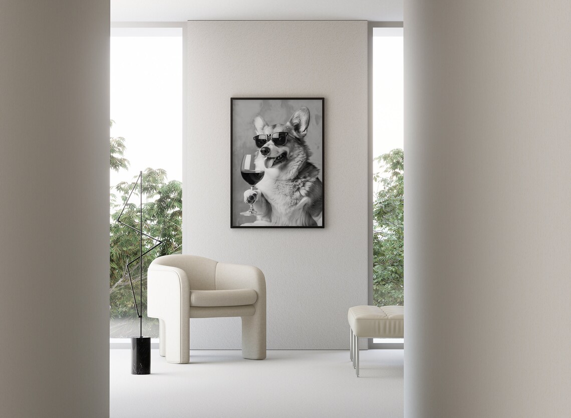Corgi Drinking Wine Black and White Poster Print - Image 3