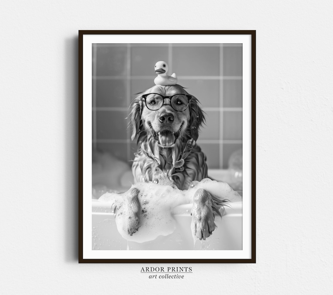 Golden Retriever Bath Wall Art, Funny Bathroom Poster