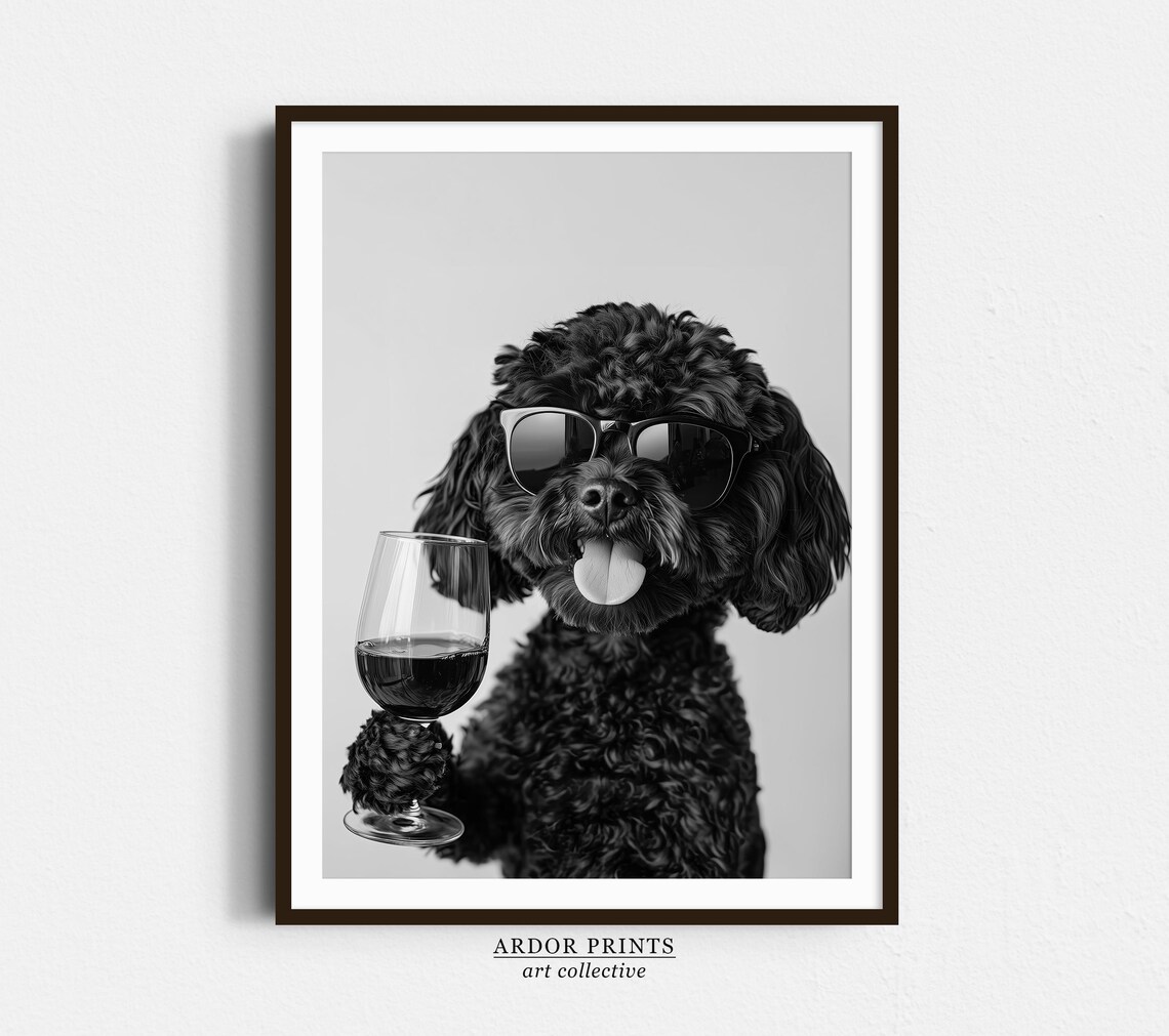 Black Cockapoo Drinking Wine Art Print, Bar Decor