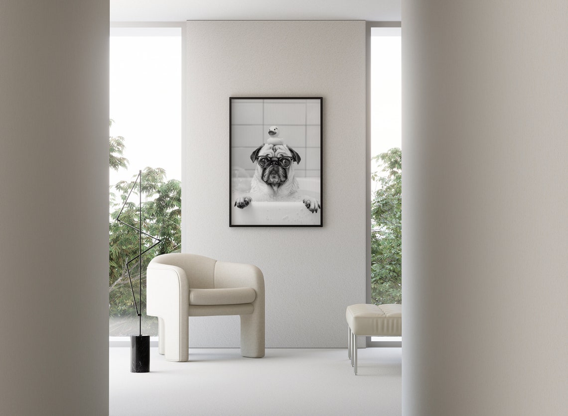 Pug Bubble Bath With Rubber Duck Glasses Funny Dog Spa Wall Art - Image 3
