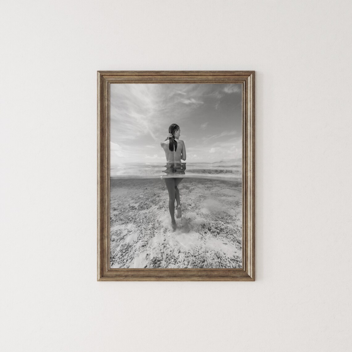 Woman Standing In Clear Ocean Water Black And White Beach Poster - Image 2
