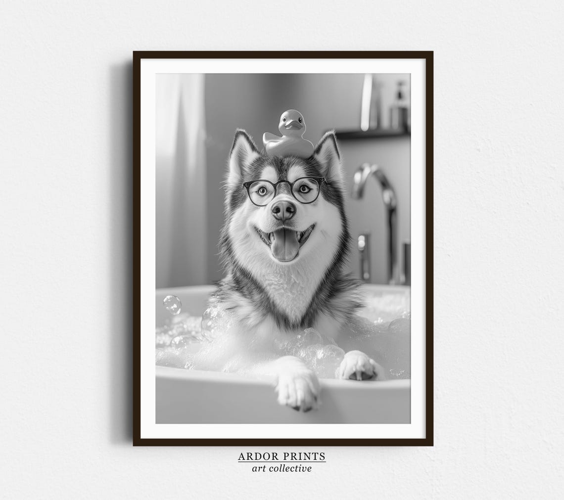Alaskan Malamute in Bubble Bath With Rubber Duck on Head Funny Poster
