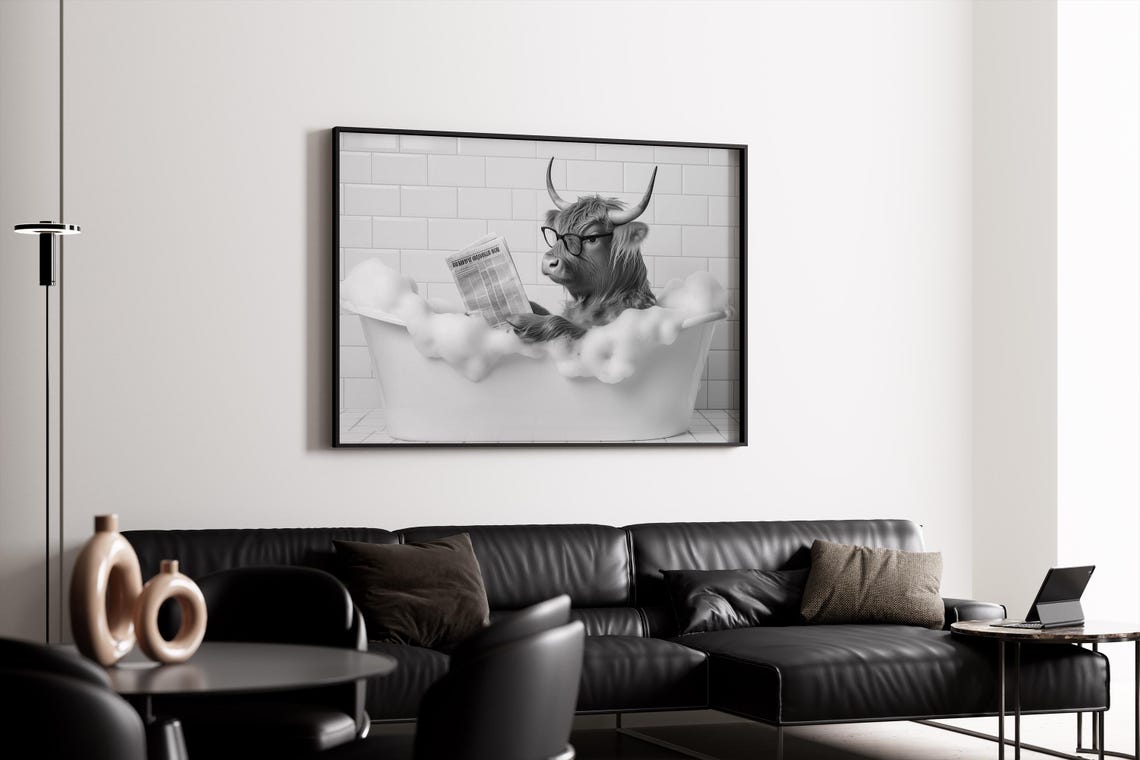 Highland Cow in Bubble Bath Reading Newspaper Black White Print - Image 4