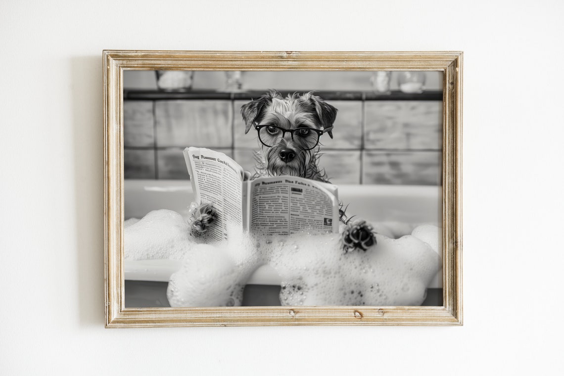 Border Terrier Reading Newspaper In Bubble Bath Funny Dog Print - Image 3