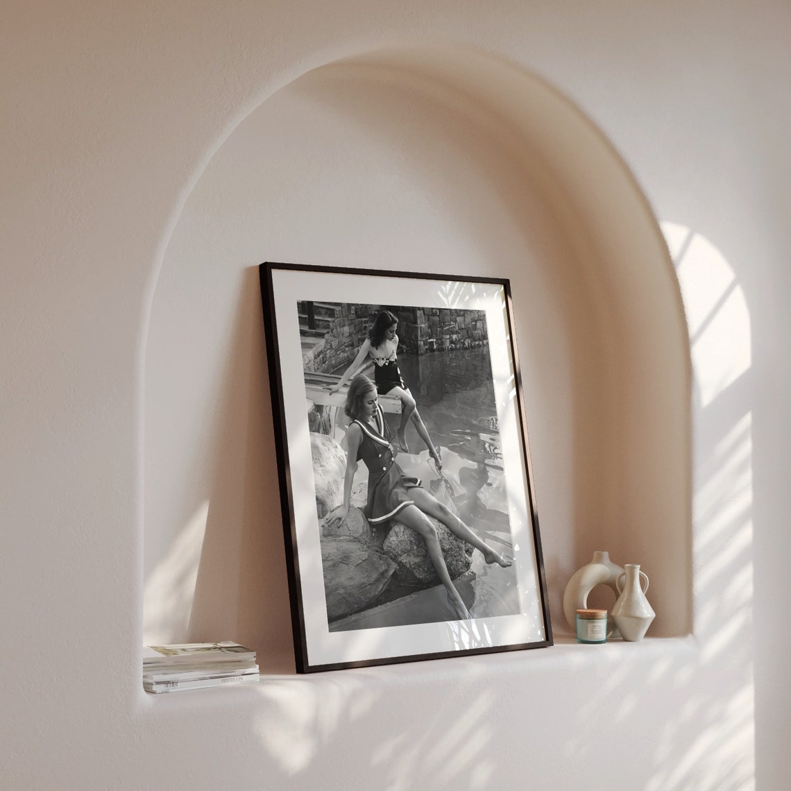 Women In Vintage Swimsuits By The Pool Retro Black And White Poster - Image 4