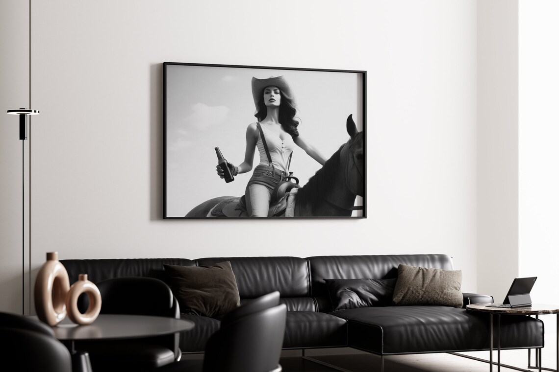 Cowgirl on Horseback Holding Beer Bottle Black White Western Poster - Image 3