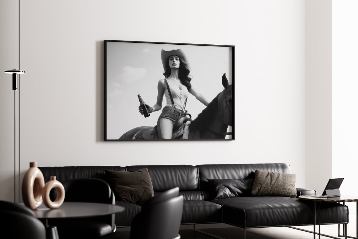 Woman Riding On Horse Holding Beer Wall Art Cowgirl Print Western Girl Decor Black And White Print Vintage Wall Art Retro Farmhouse - Image 3