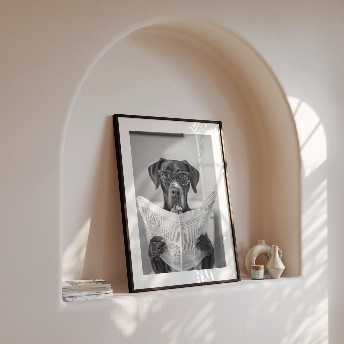 Dog With Glasses Reading Newspaper on Toilet Funny Black White Poster - Image 4