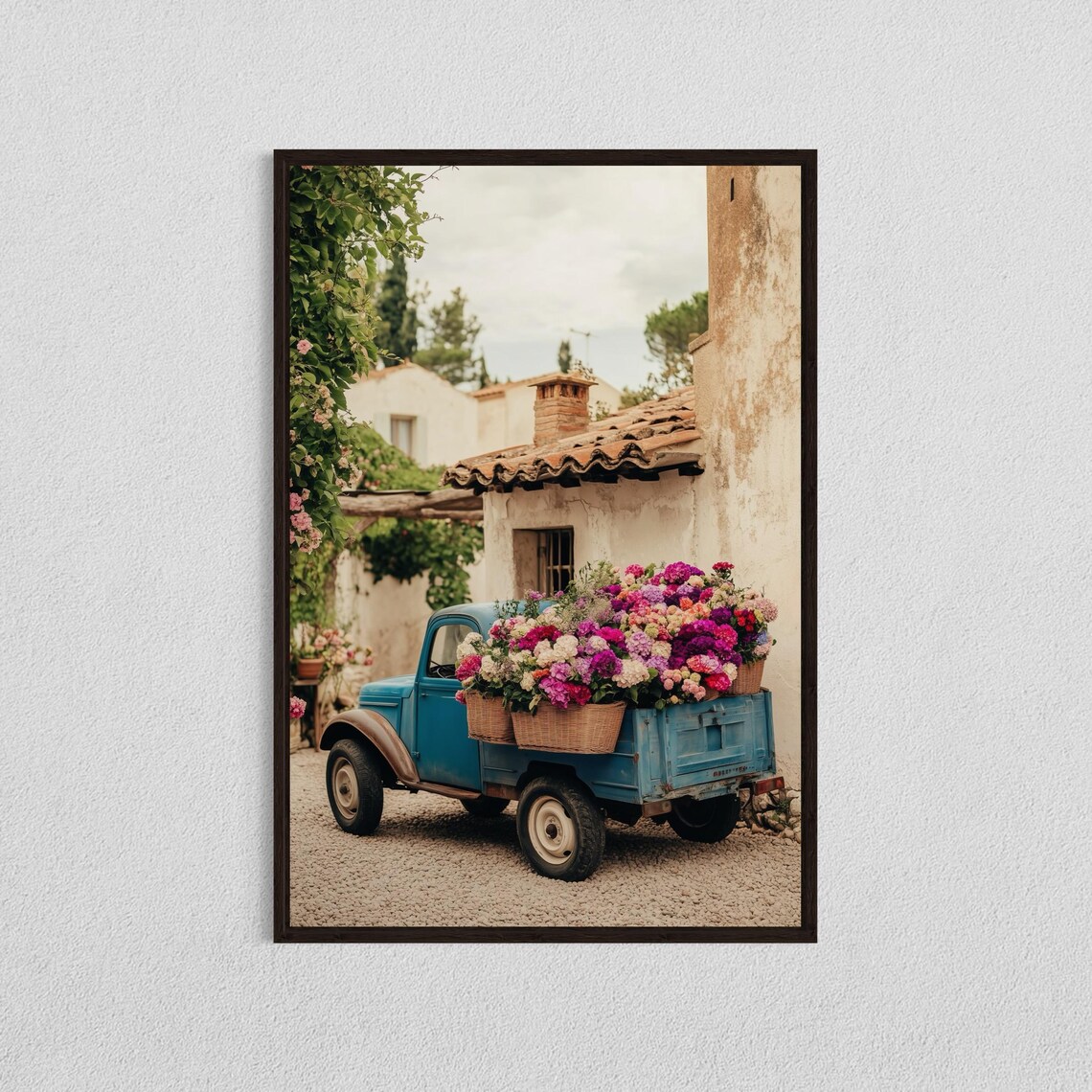 Vintage Floral Truck Art Print, Rustic Mediterranean Decor